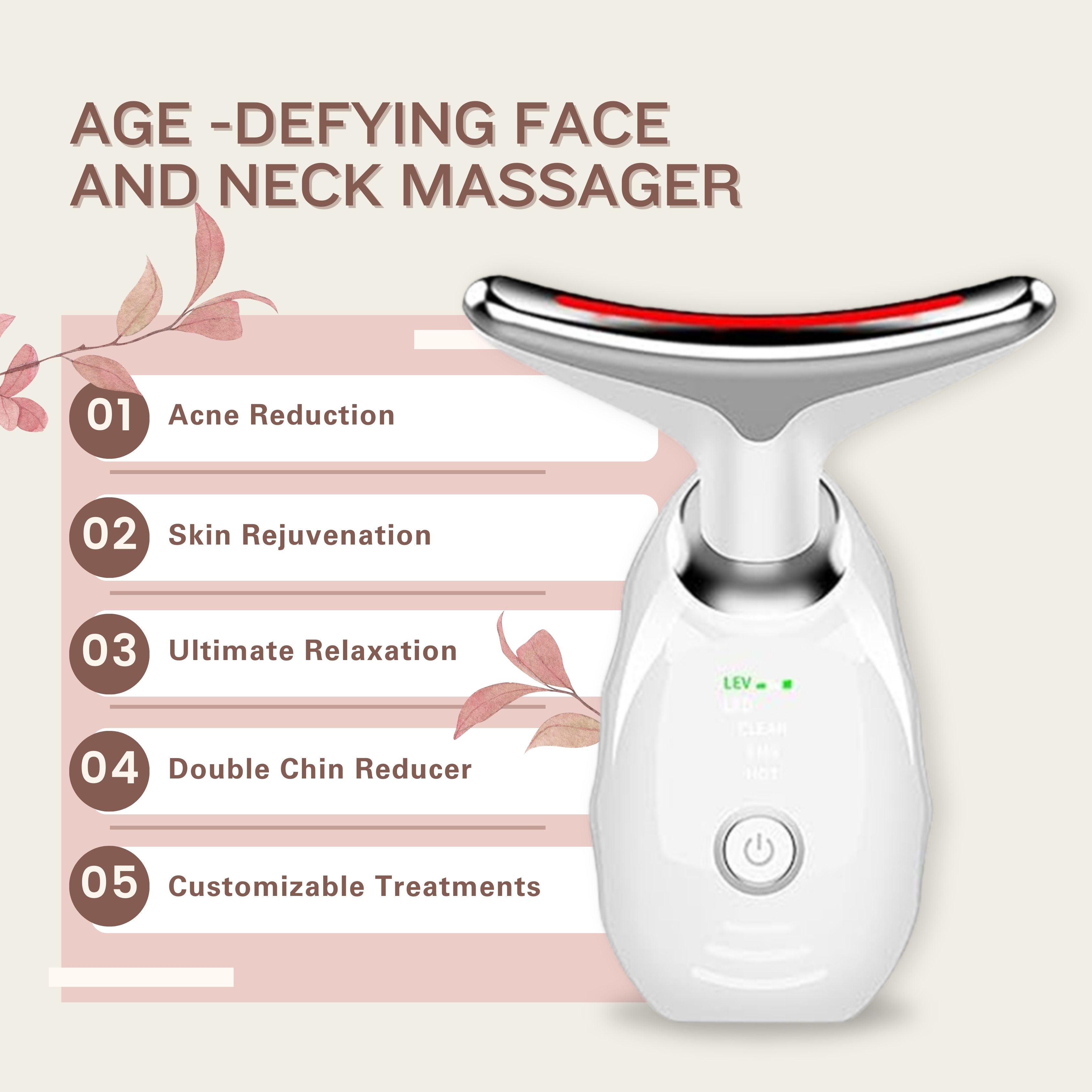 Massaggiatore viso e collo bianco con luce rossa. Scritta: "Age-Defying Face and Neck Massager".