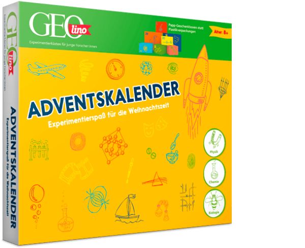 Scatola del calendario dell'Avvento con sfondo giallo. Scritta: Adventskalender, Experimentierspaß für die Weihnachtszeit. Illustrazioni di esperimenti.