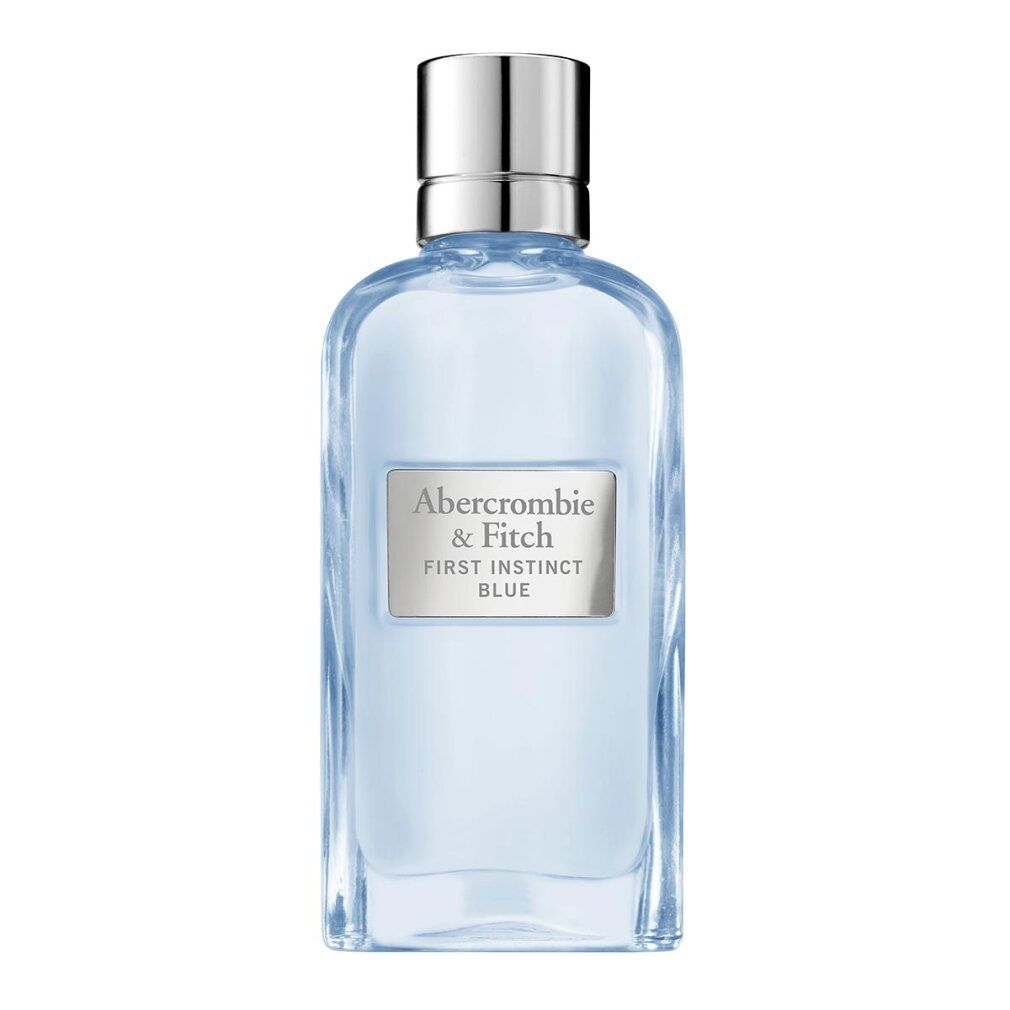 Flacone di profumo azzurro chiaro con tappo argentato. Scritta: Abercrombie & Fitch, First Instinct Blue.