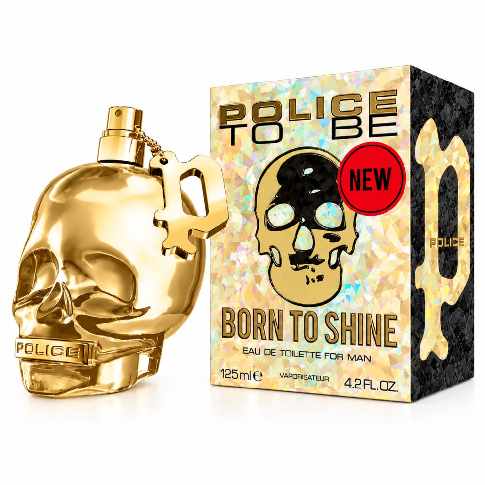Flacone di profumo dorato "Born to Shine" a forma di teschio con scatola. 125ml Eau de Toilette da uomo.