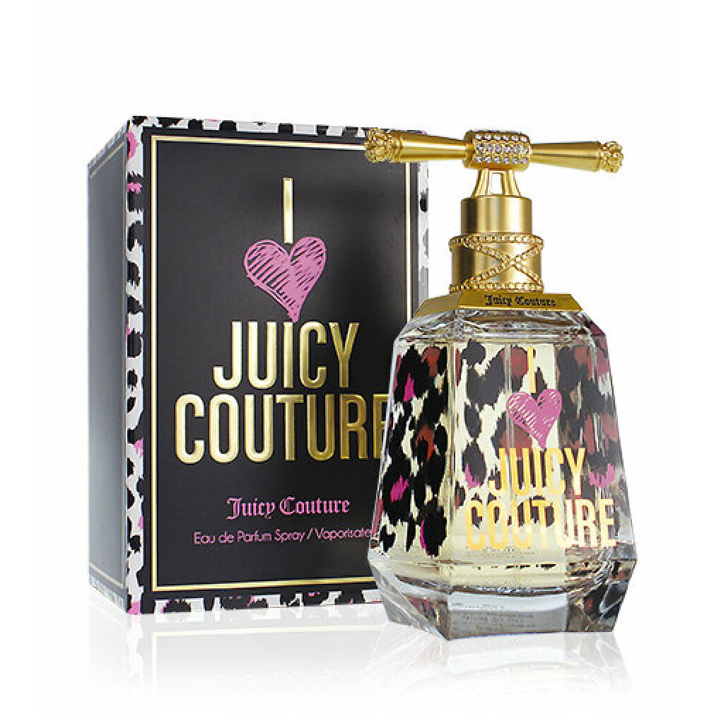 Flacone e confezione di Juicy Couture Eau de Parfum Spray. Flacone leopardato, chiusura dorata. Scatola nera con logo.