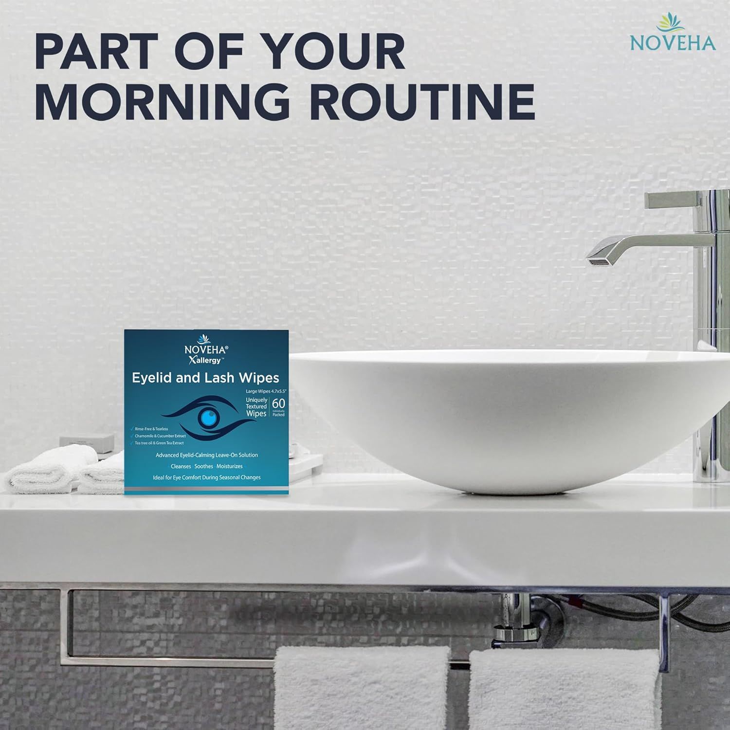 Confezione del prodotto sul lavandino. NOVEHA Eyelid and Lash Wipes. Testo: Parte della tua routine mattutina.