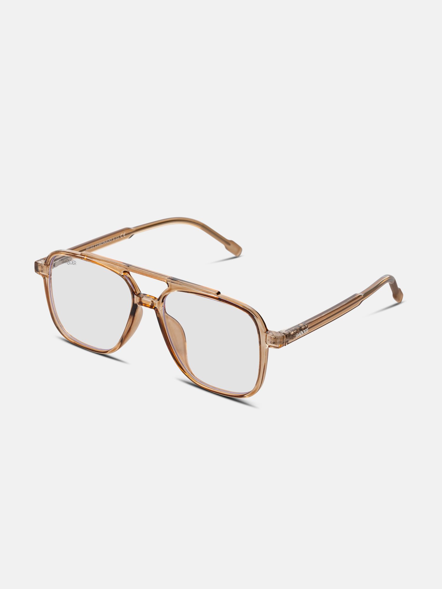 Occhiali con montatura marrone e lenti chiare, vista obliqua.