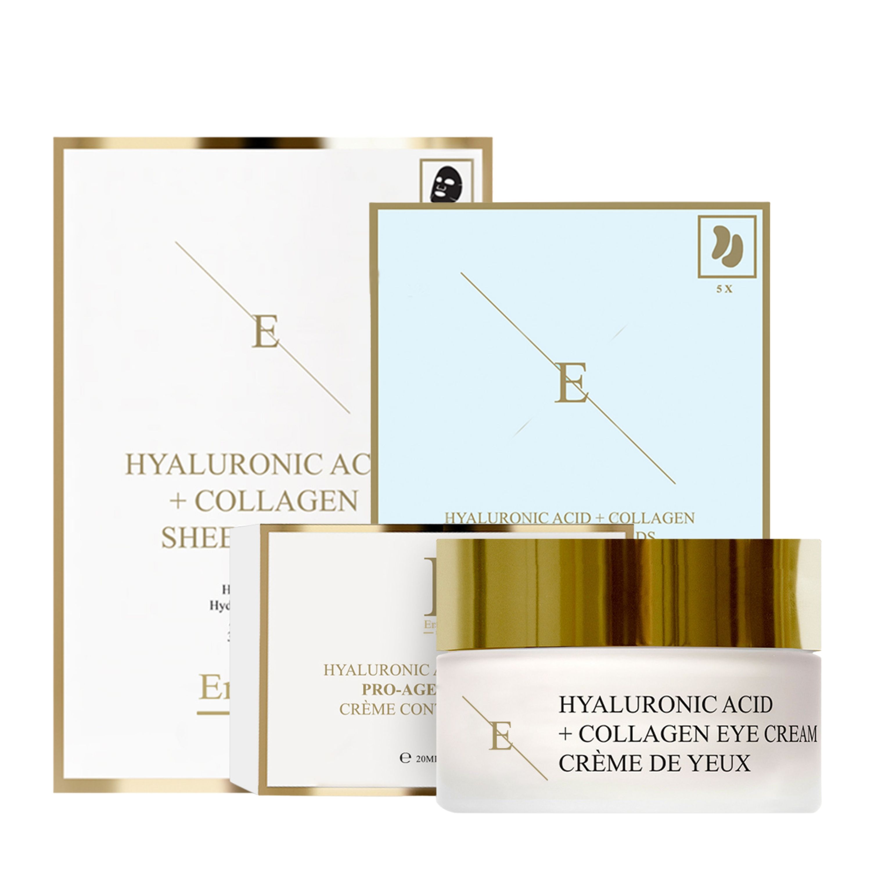 Set crema occhi e maschere. Vasetto di crema con coperchio dorato. Confezioni di maschere con testo. Marchio: ErthSkin London.