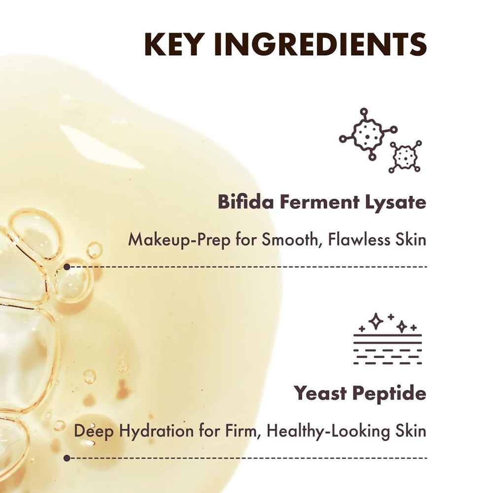 Testo con ingredienti: Bifida Ferment Lysate e Yeast Peptide. Descrizioni: Makeup-Prep e Deep Hydration.