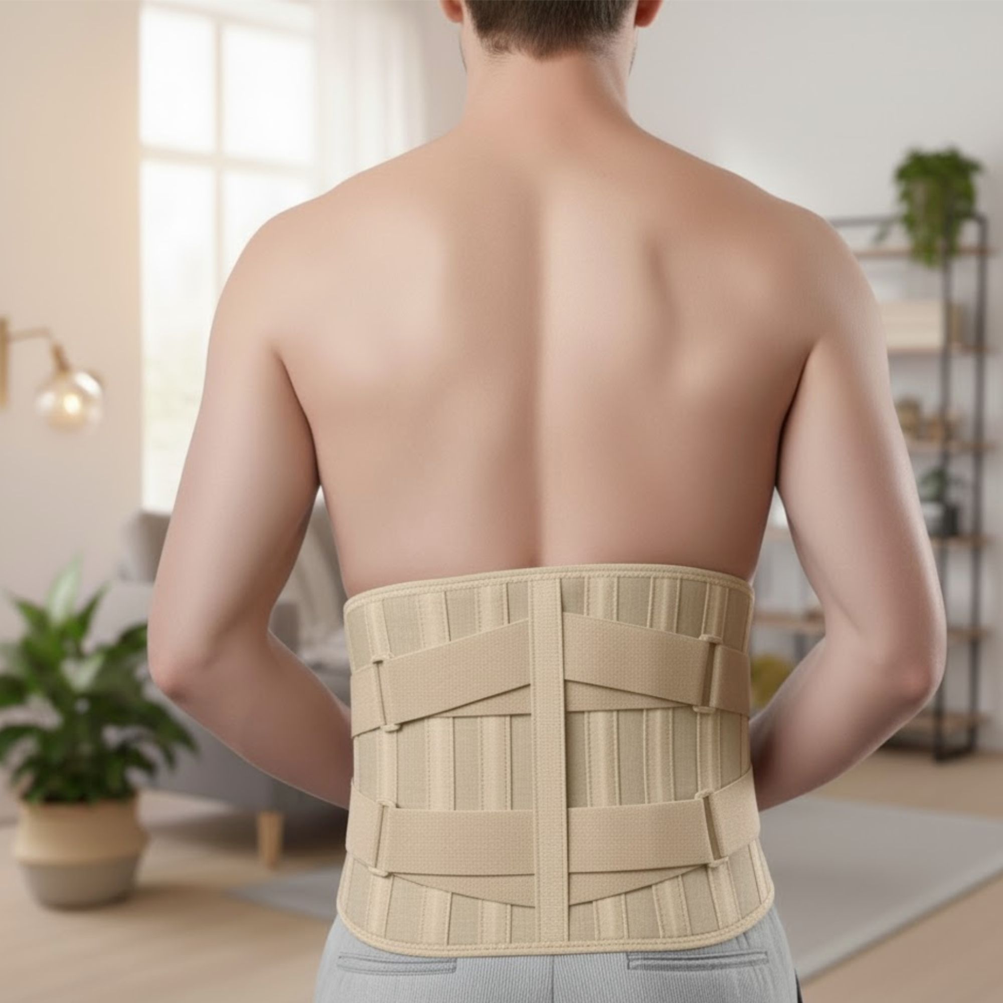 Fascia lombare sulla schiena di una persona. Beige, con cinghie. In un soggiorno.