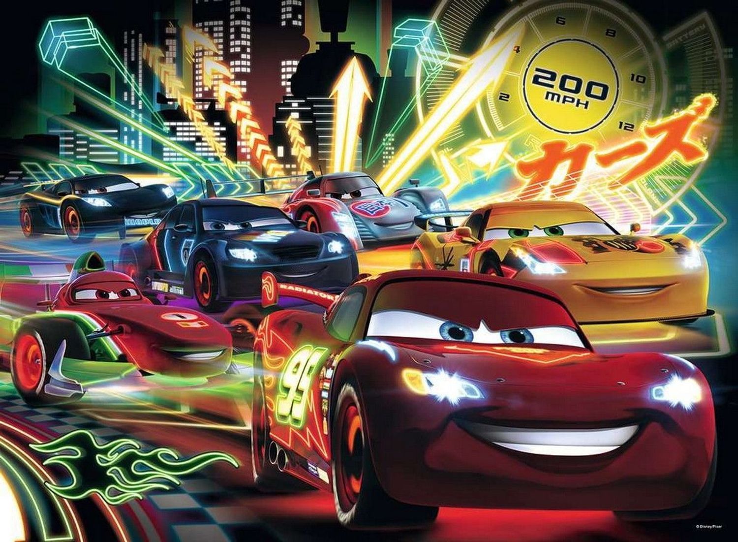 Puzzle Cars con auto da corsa e luci al neon. Diverse auto su una pista. Sfondo con luci al neon.