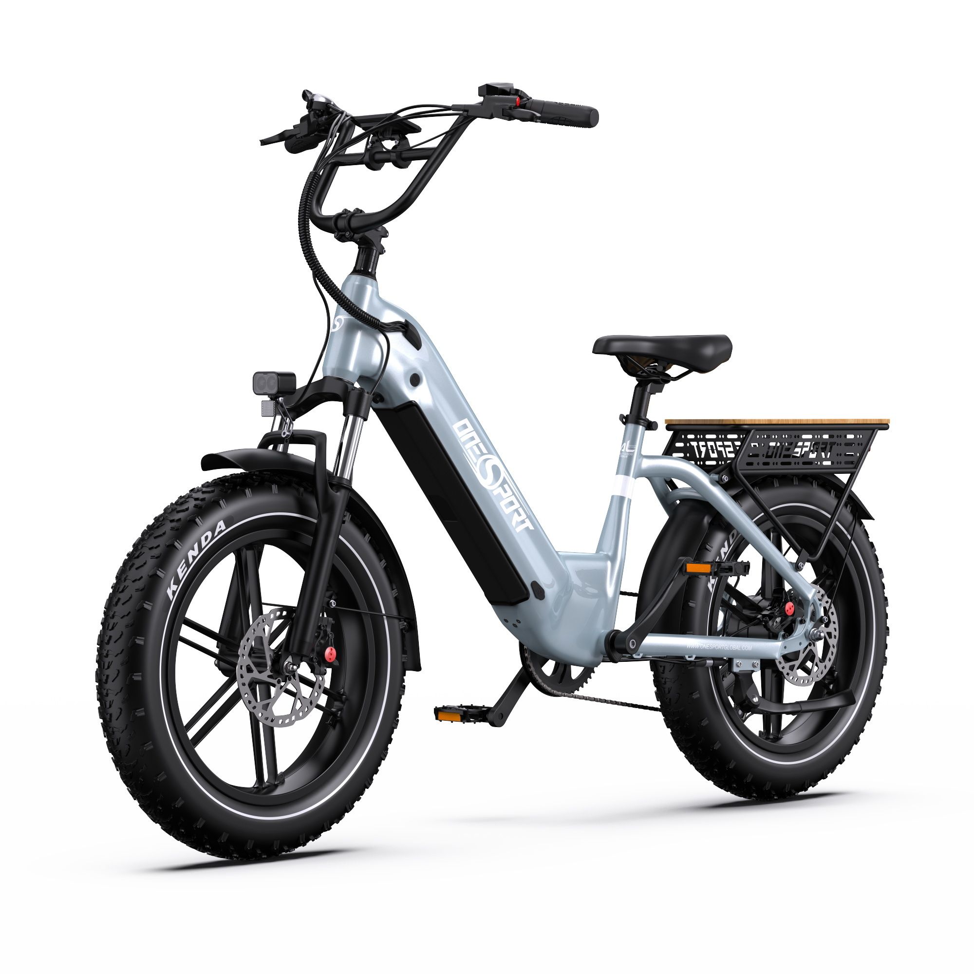 E-bike grigio chiaro con telaio nero, pneumatici Kenda e portapacchi. Logo Onesport visibile.