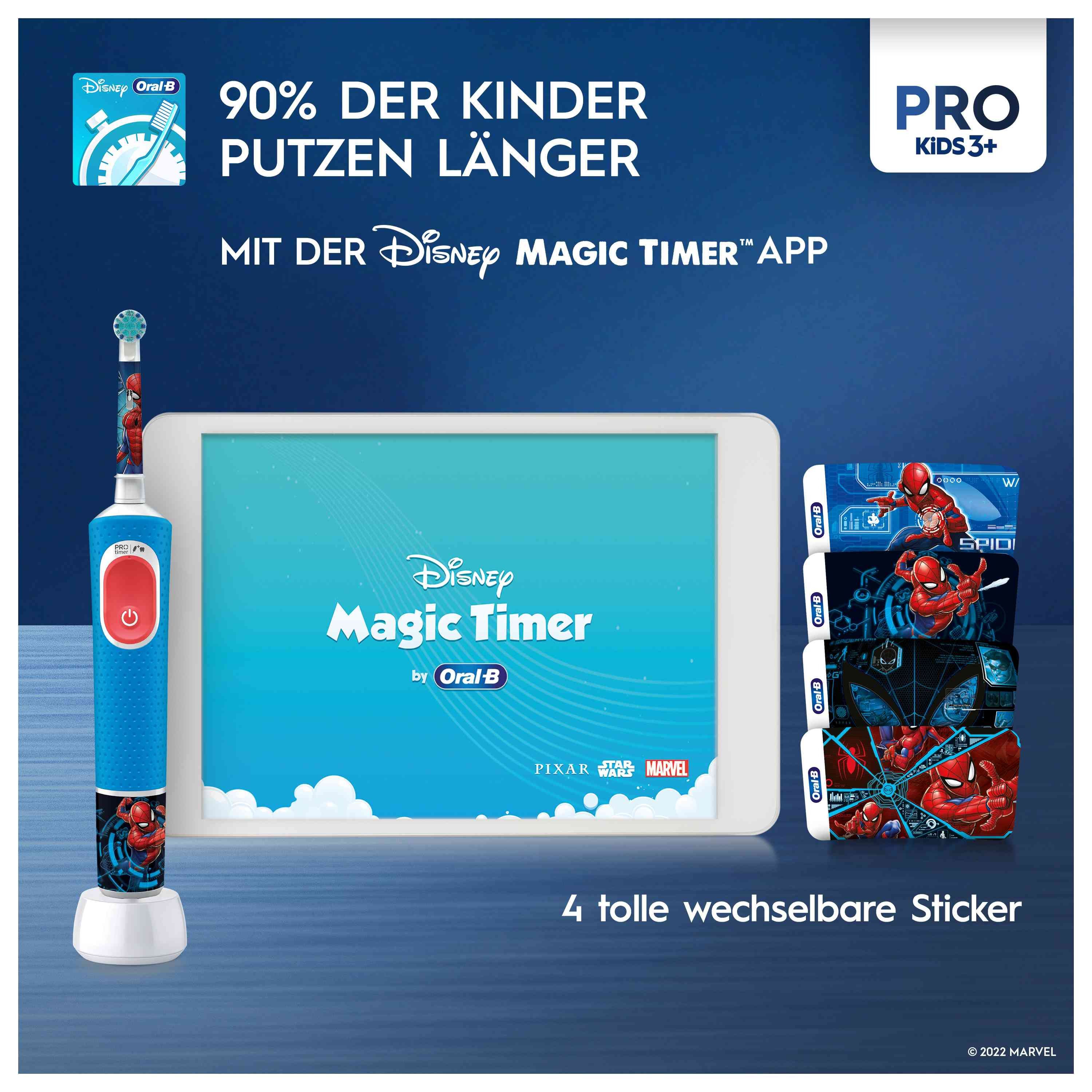 Oral-B Vitality Pro Kids Spiderman, spazzolino elettrico blu, tablet con app Disney Magic Timer, adesivi. Confezione.