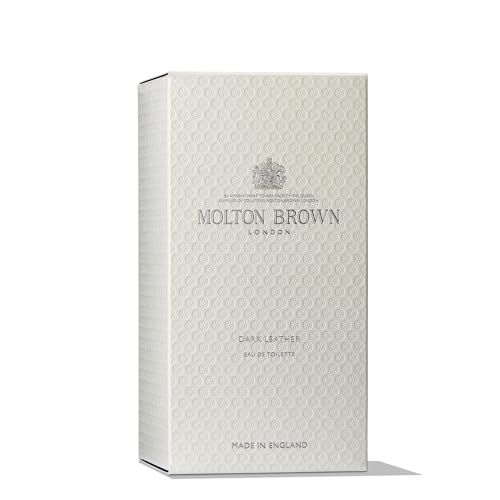 Confezione bianca con motivo in rilievo. Scritta: Molton Brown London, Dark Leather Eau de Toilette. Made in England.