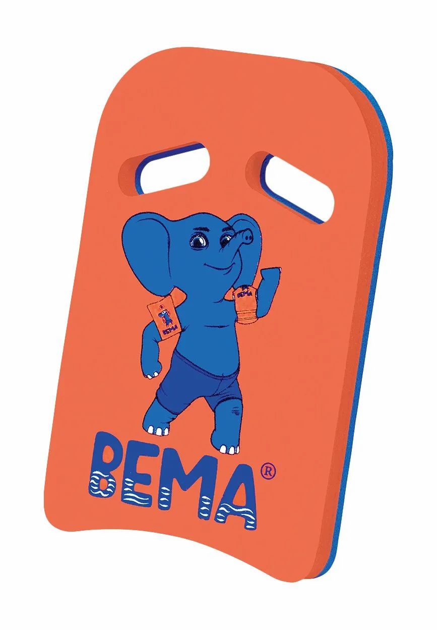 Tavola da nuoto arancione con logo elefante blu e aperture blu per le maniglie. Scritta BEMA.