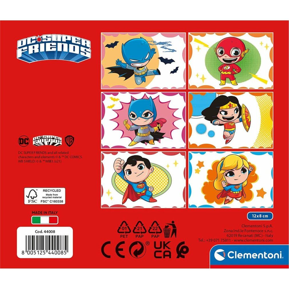 Retro della confezione. Mostra le illustrazioni dei cubi. Loghi DC Super Friends, certificazione FSC e Clementoni.