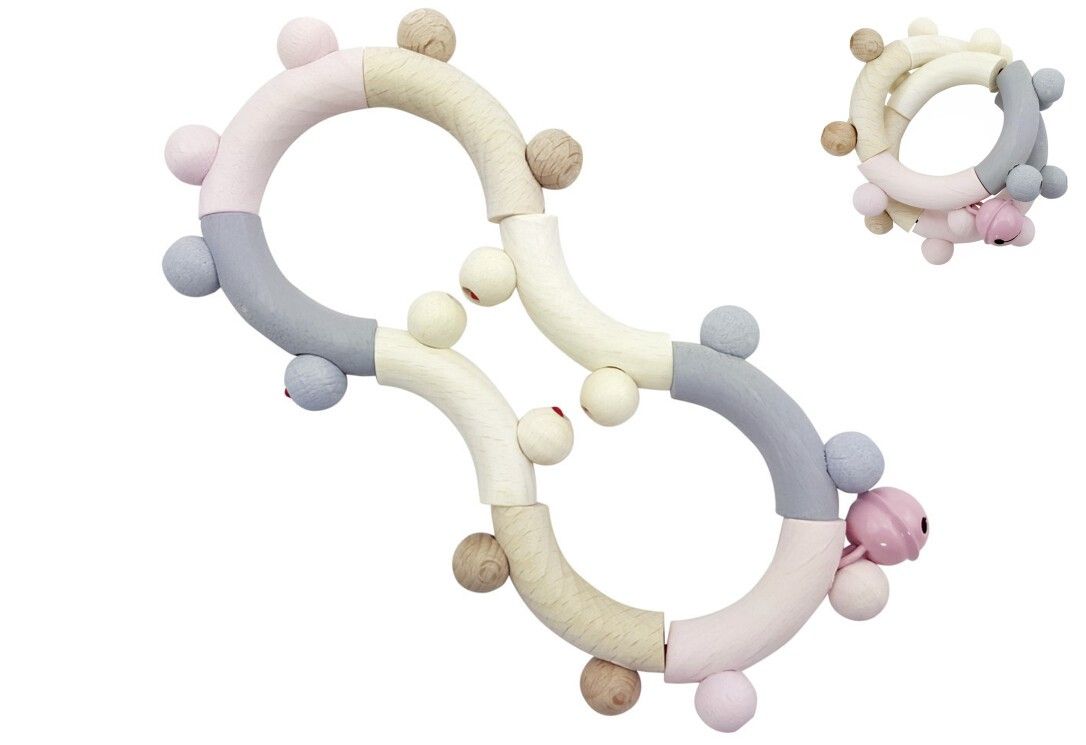 Sonaglio in legno 8. Forma a otto con sfere e campanello. Legno, grigio, rosa, beige. Seconda vista.