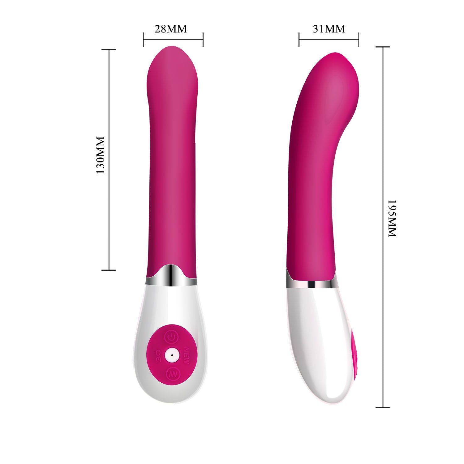 Vibratore rosa e bianco. Dimensioni indicate.
