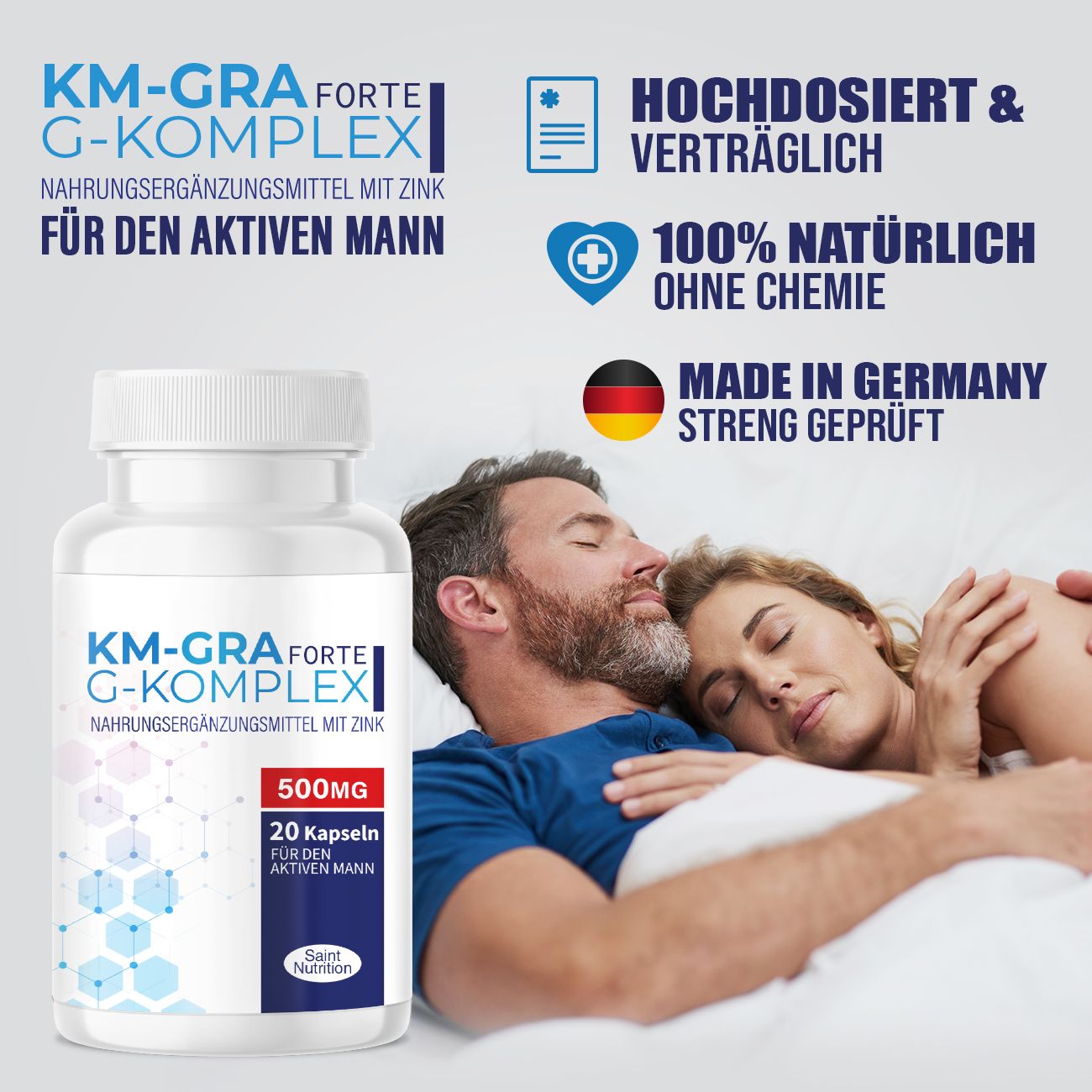 Flacone del prodotto con testo e icone. Testo: KM-GRA Forte G-Komplex, per l'uomo attivo. Icone: Ad alto dosaggio e compatibile, 100% naturale senza chimica, Made in Germany.