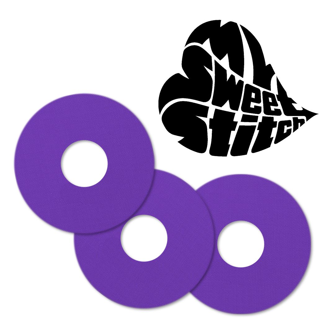 Tre anelli di fissaggio viola con fori centrali. Logo 'MySweetStitch' a forma di cuore.
