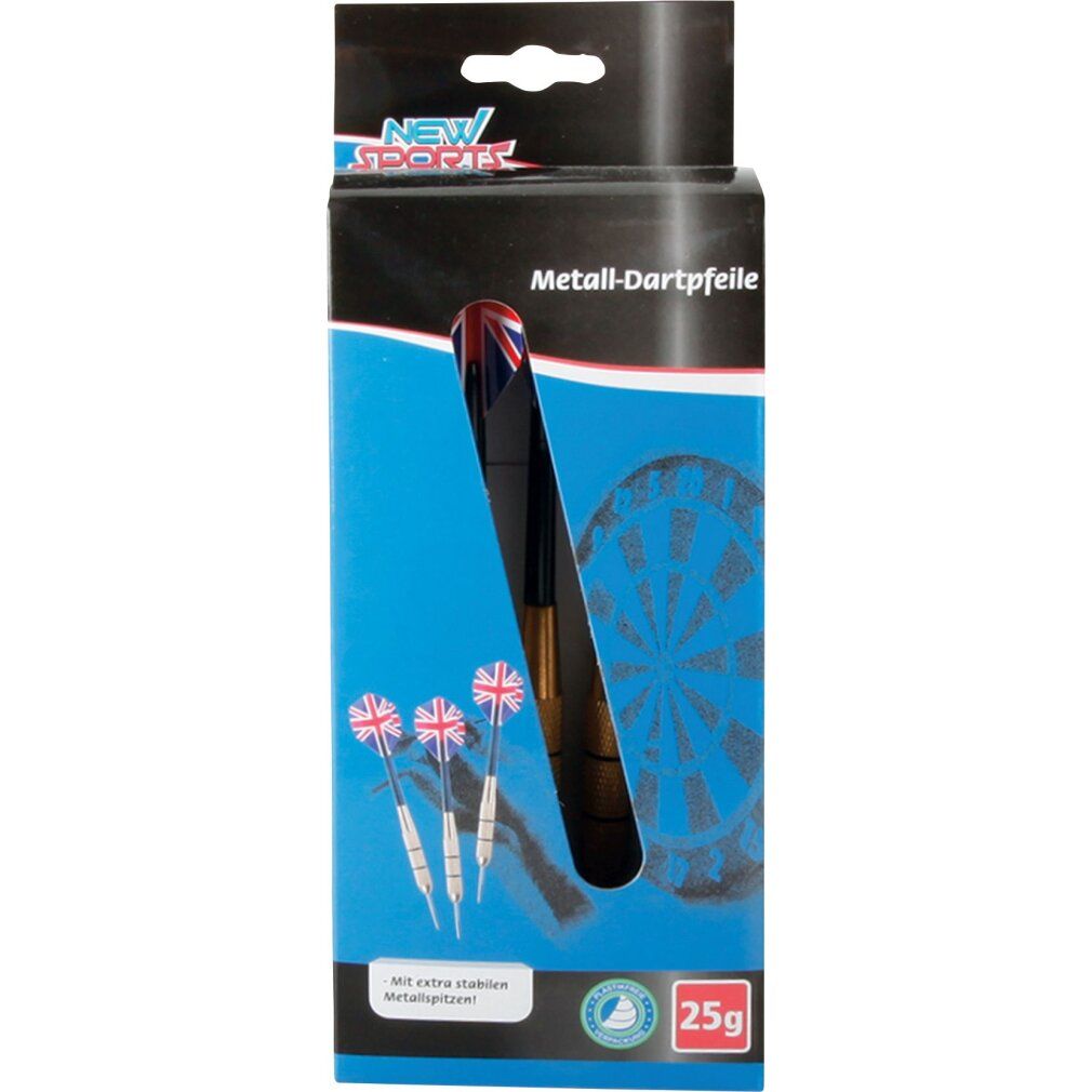 Dardi in scatola. Tre frecce con design Union Jack. Punte metalliche. Motivo bersaglio stampato. Marca: New Sports.