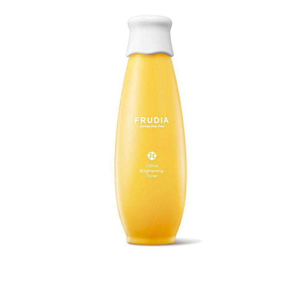 Flacone giallo con tappo bianco. Sul flacone è scritto Frudia Citrus Brightening Toner.