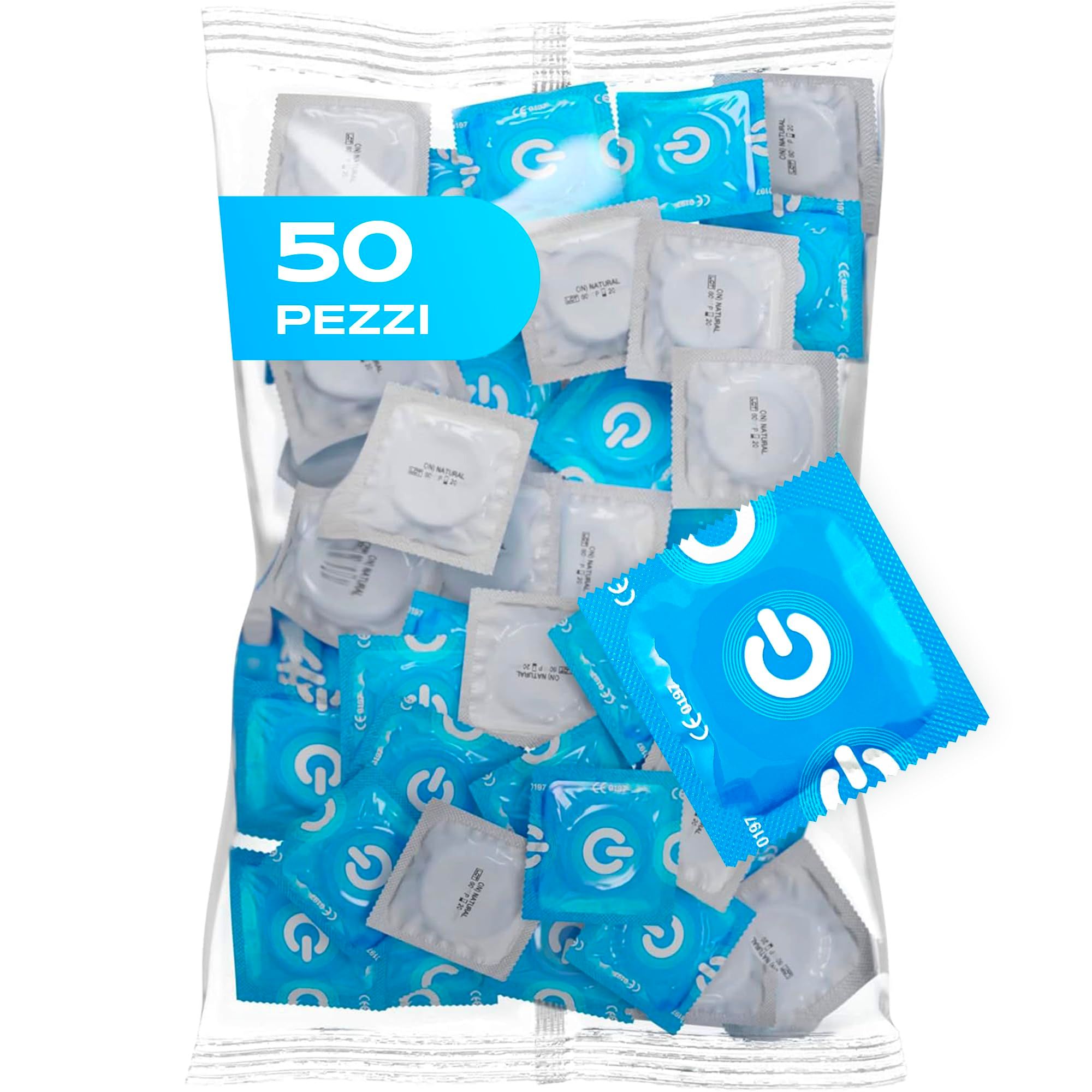 Preservativi ON): 50 pezzi, trasparenti, con silicone.