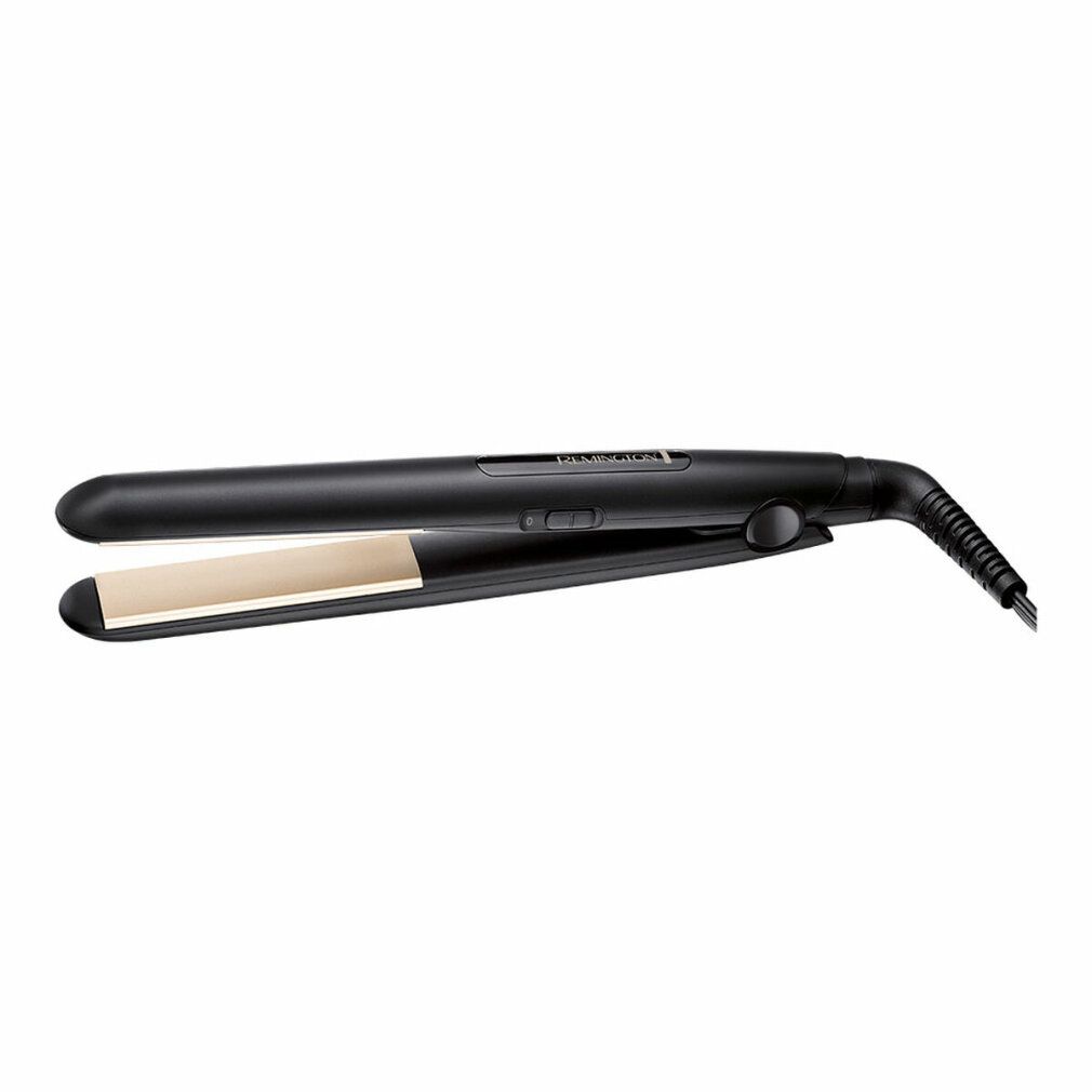 Piastra per capelli nera con piastre riscaldanti chiare. Cavo a destra.