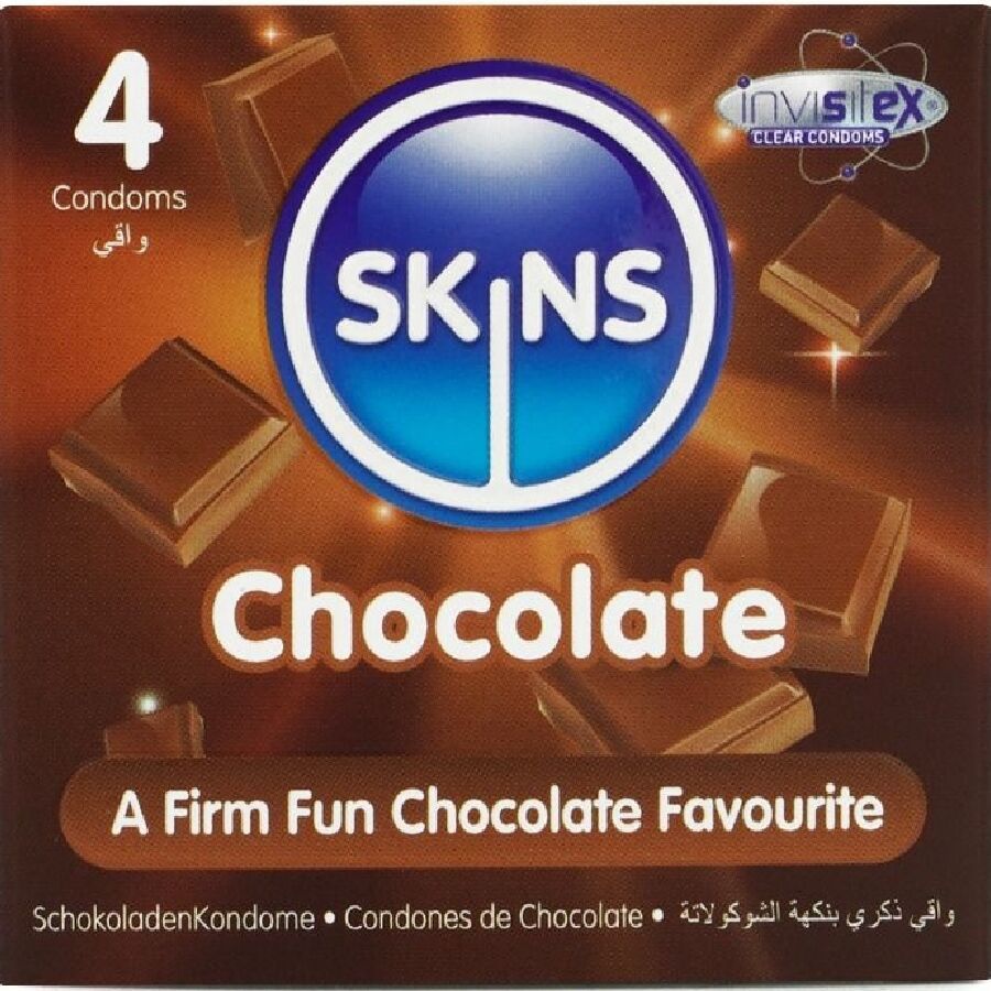 Confezione da 4 preservativi Skins Cioccolato, "invisitex clear condoms".