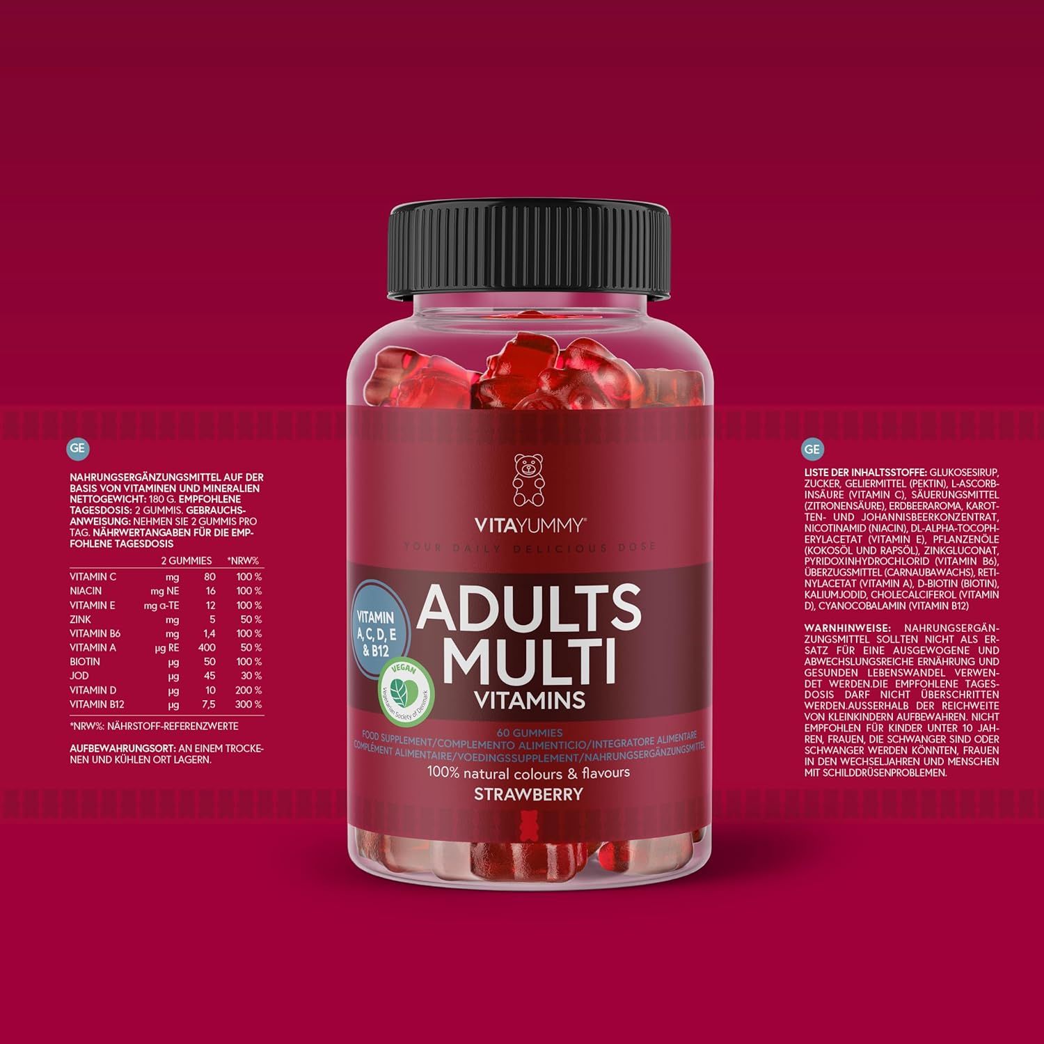 Flacone VitaYummy Multivitamin con testo e informazioni nutrizionali. Sfondo rosso.