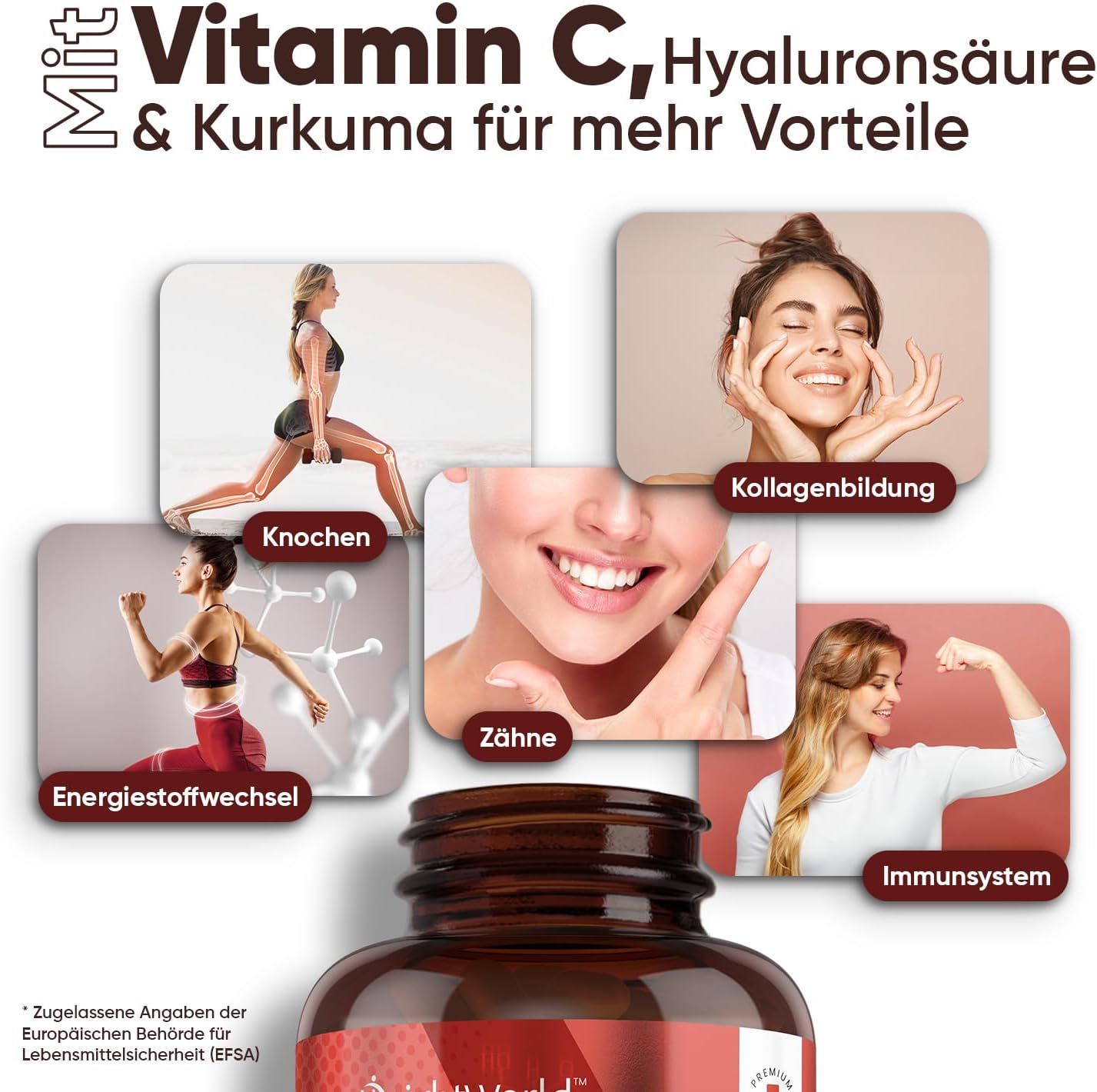 Immagine pubblicitaria con immagini di donne e testo. Testo: Vitamina C, Acido Ialuronico & Curcuma per più benefici. Flacone di capsule.