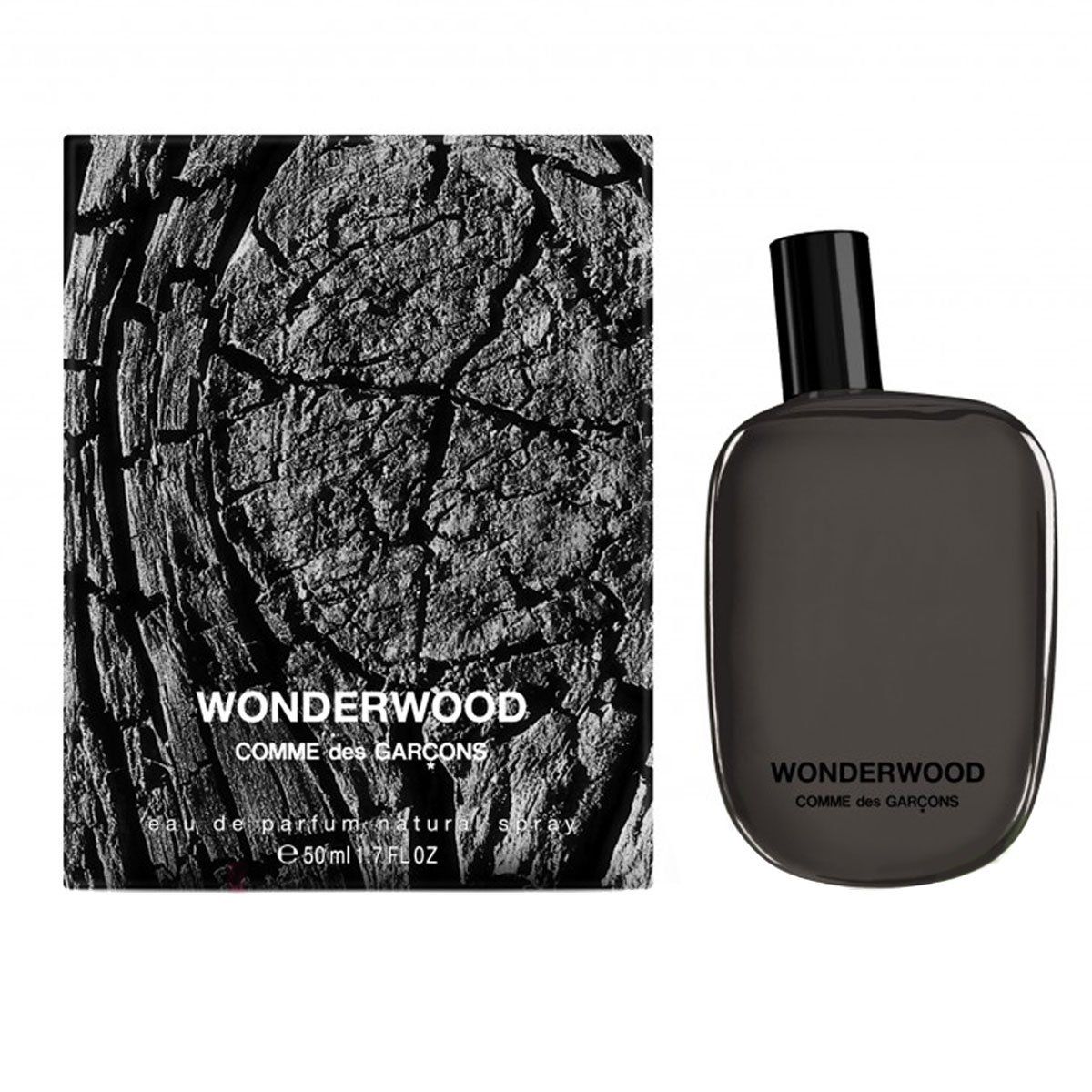 Flacone e scatola Comme des Garcons Wonderwood Eau de Parfum 50ml, motivo legno.