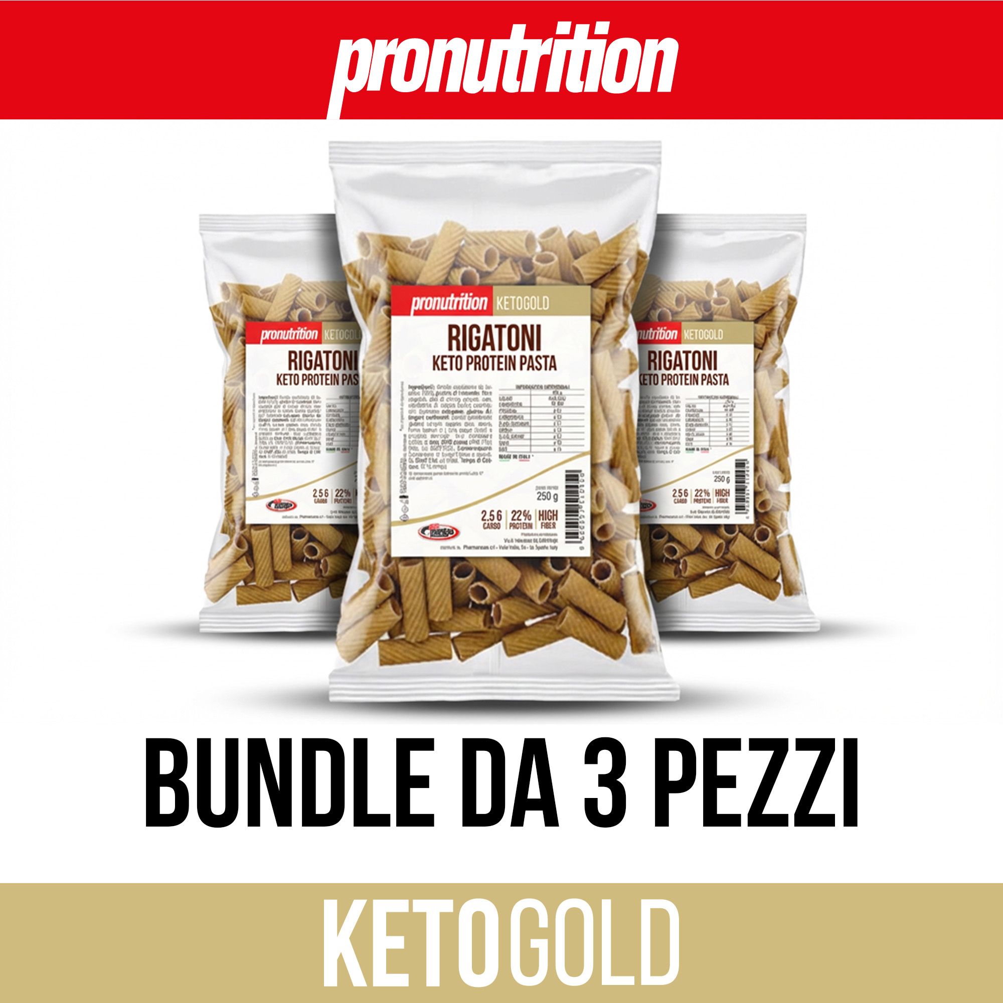 Tre confezioni di pasta Rigatoni Keto Protein. Scritta: Bundle da 3 pezzi. Marchio: Pronutrition.
