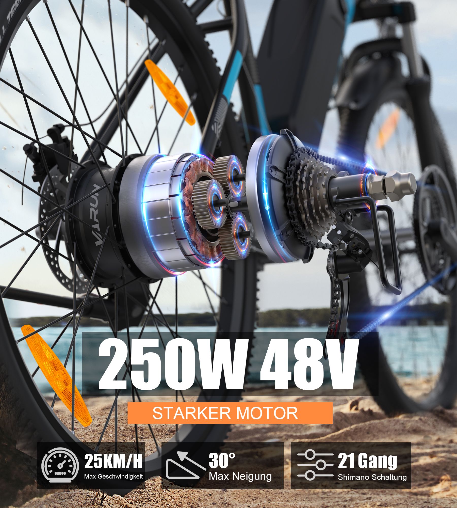 Primo piano della ruota posteriore di una e-bike. Motore 250W, 48V. 21 marce, Shimano. Max 25km/h, inclinazione 30°.