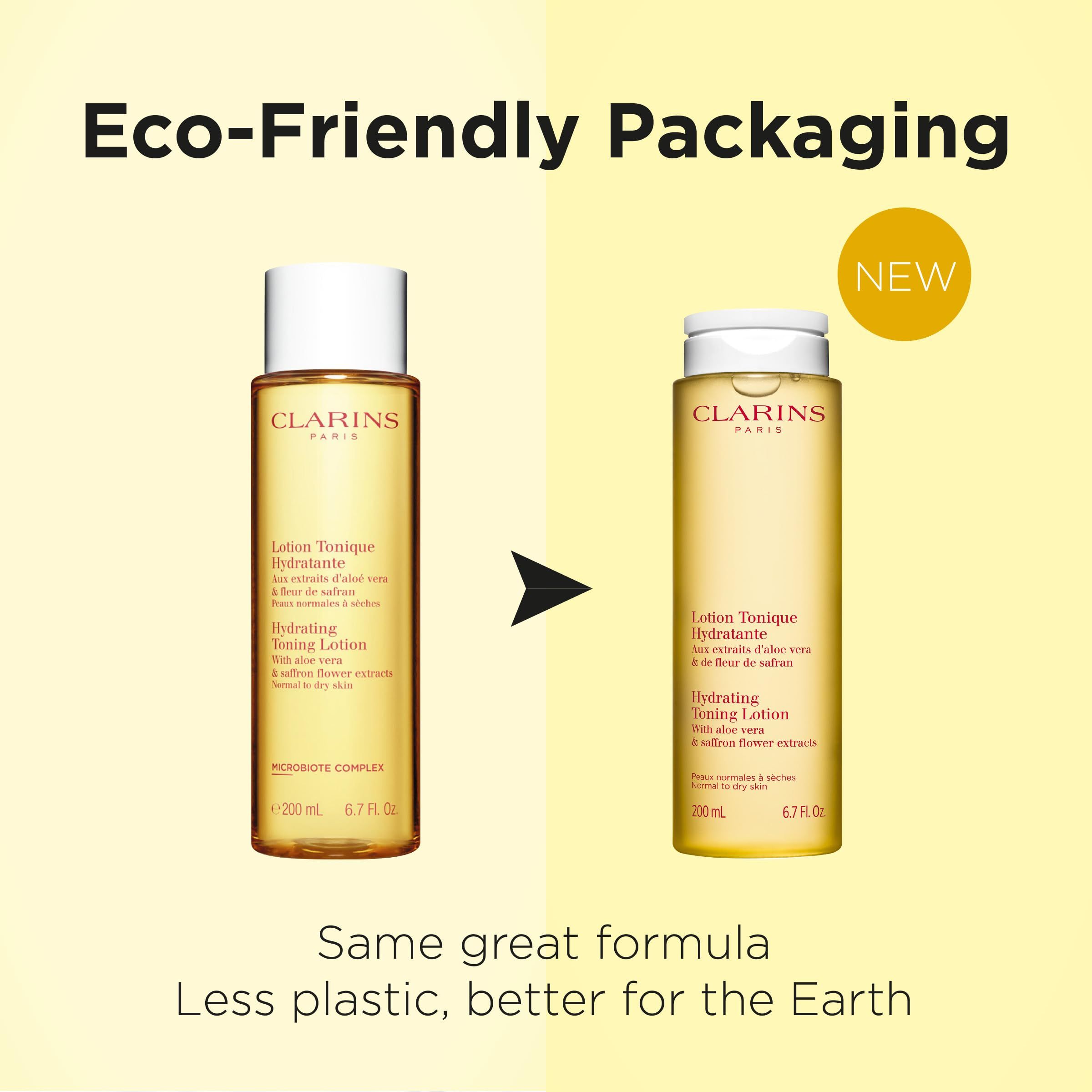 Confronto tra due bottiglie Clarins Lotion Tonique Hydratante. Una con confezione vecchia, una nuova.
