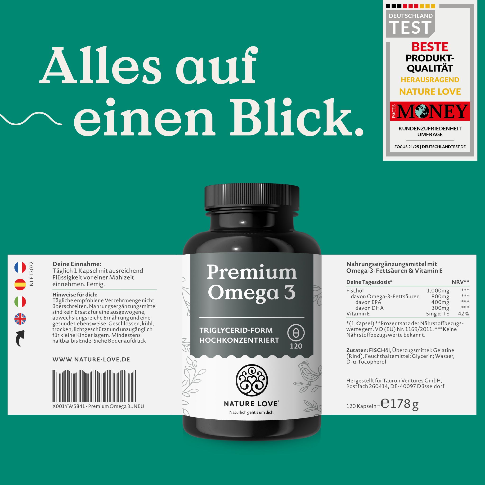 Barattolo 'Premium Omega 3' con etichette. Testo: Tutto a colpo d'occhio. Sigilli: "Deutschland Test", "Migliore Qualità Prodotto".