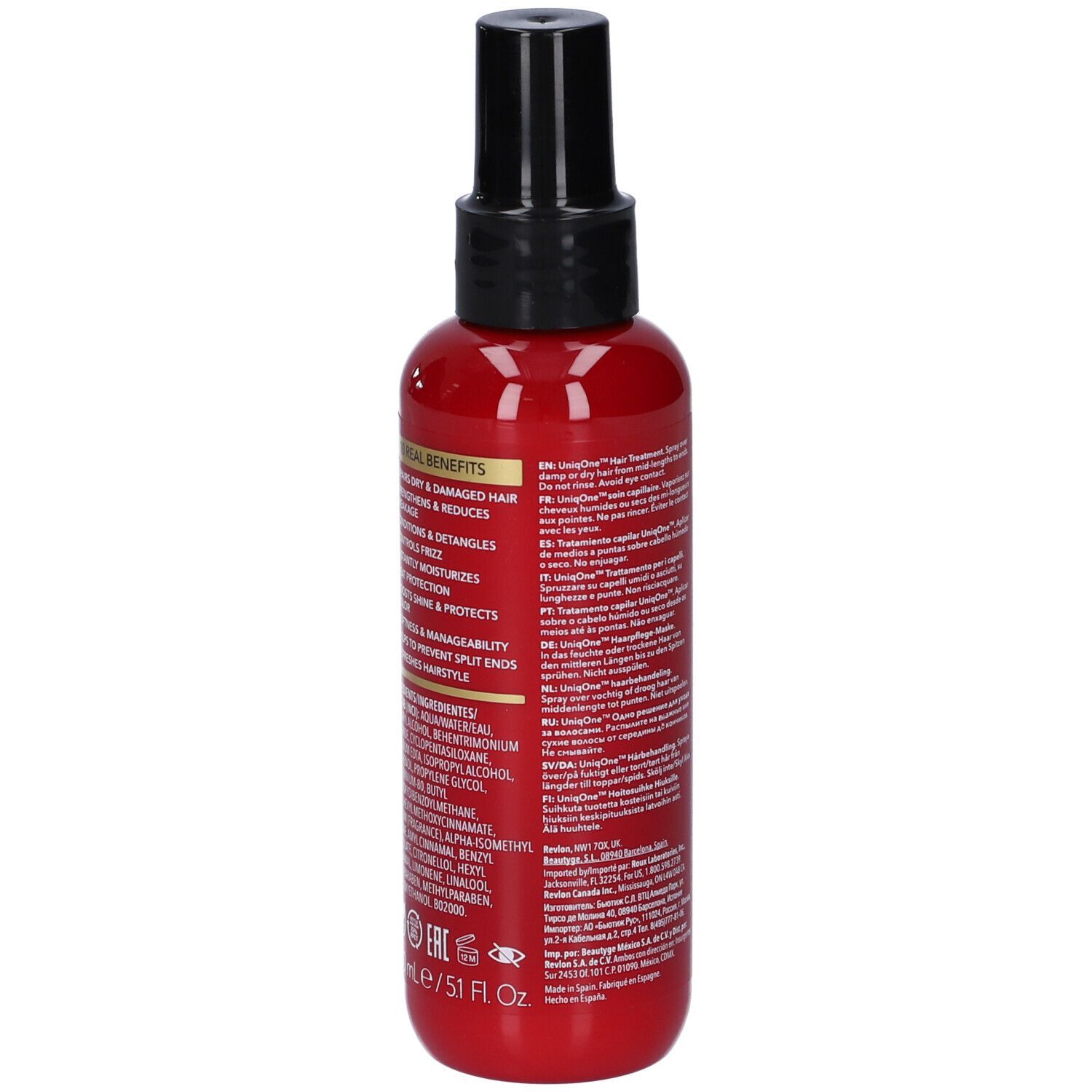 Flacone rosso con vaporizzatore nero. Retro con testo. Scritta: Uniq One, Hair Treatment.