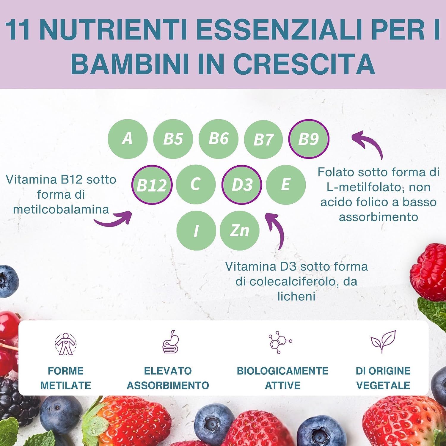 Bambino che legge, accanto a una bottiglia di caramelle gommose multivitaminiche e elenco dei vantaggi.