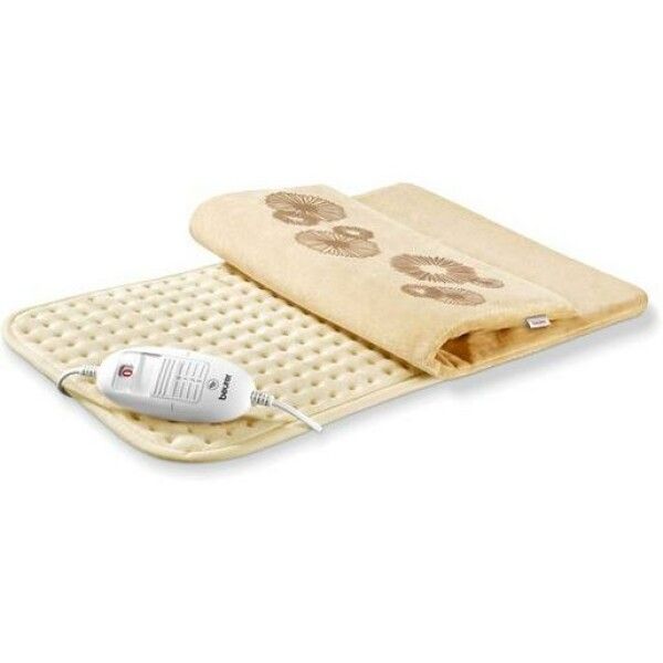 Cuscino riscaldante beige, aperto. Parte superiore con motivo floreale. Regolatore integrato con logo. Connessione via cavo.