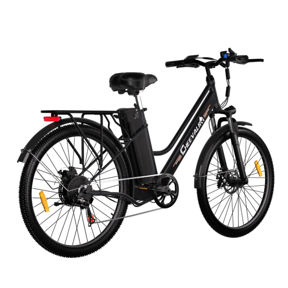 Bicicletta elettrica nera con portapacchi. Marchio Cheevalry.