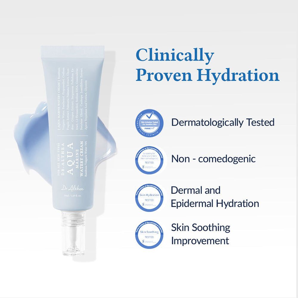 Tubo azzurro chiaro con prodotto. Nome prodotto: Aqua Marine Watery Cream. Testo: Dermatologicamente testato, non comedogenico. Marchio: Dr. Althea.