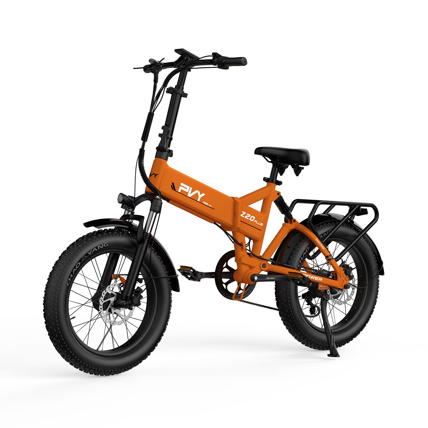 E-bike arancione con pneumatici neri e portapacchi. Sul telaio è presente la scritta PVY Z20 Plus.