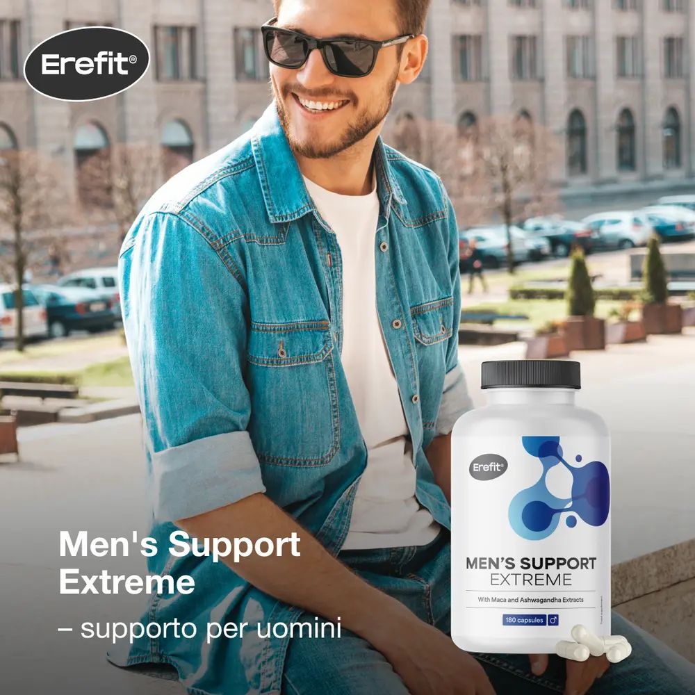 Uomo con occhiali da sole e flacone. Scritta: Men's Support Extreme. 180 capsule. Marchio: Erefit.
