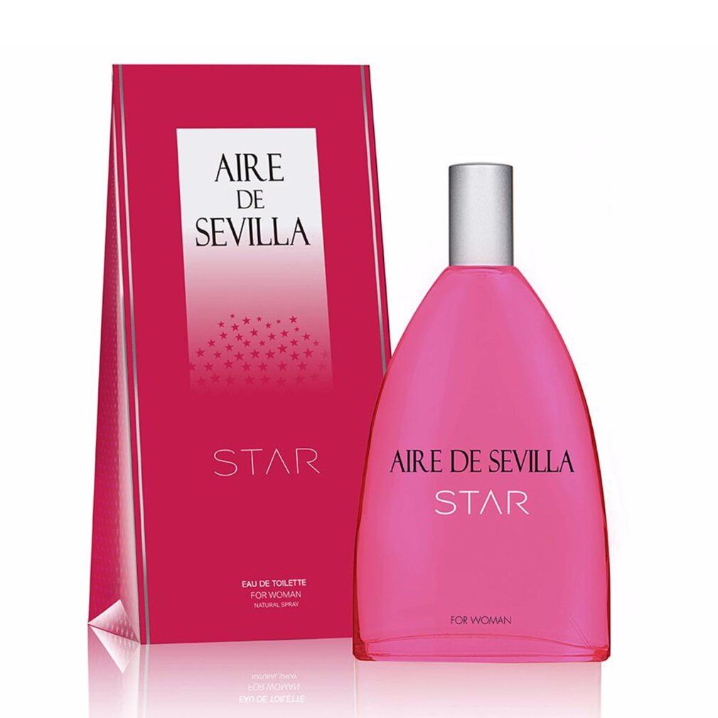 Flacone rosa con tappo argentato e confezione. Scritta: Aire de Sevilla Star. Per donna.