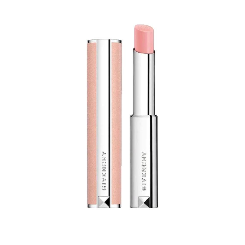 Balsamo labbra rosa. Astuccio argentato con dettagli rosa. Scritta Givenchy.