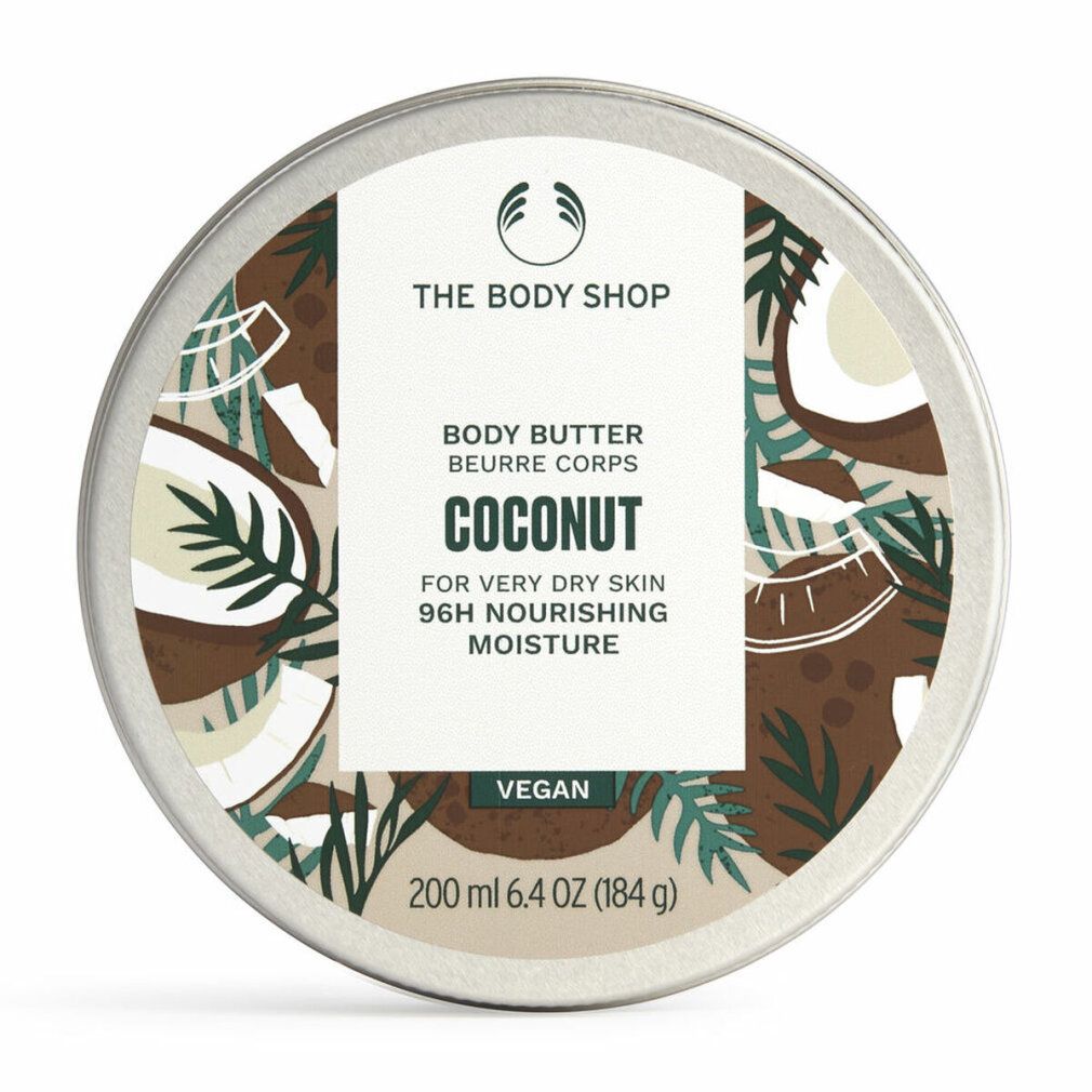 Barattolo rotondo di burro corpo, design cocco. Scritta: The Body Shop, Body Butter, Coconut, per pelli molto secche, vegano. Contenuto: 200 ml.