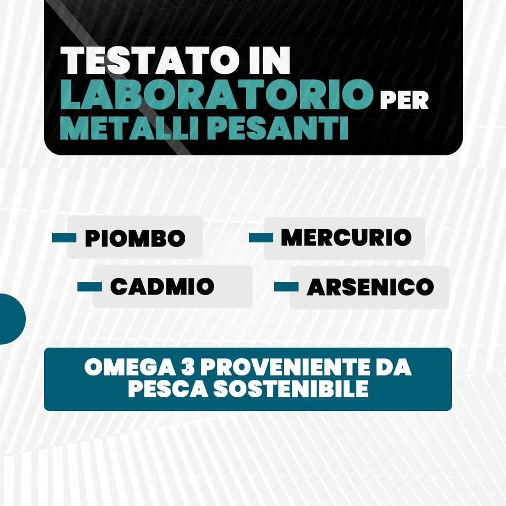 Testo: Testato in laboratorio per metalli pesanti. Piombo, mercurio, cadmio, arsenico. Omega 3 da pesca sostenibile.