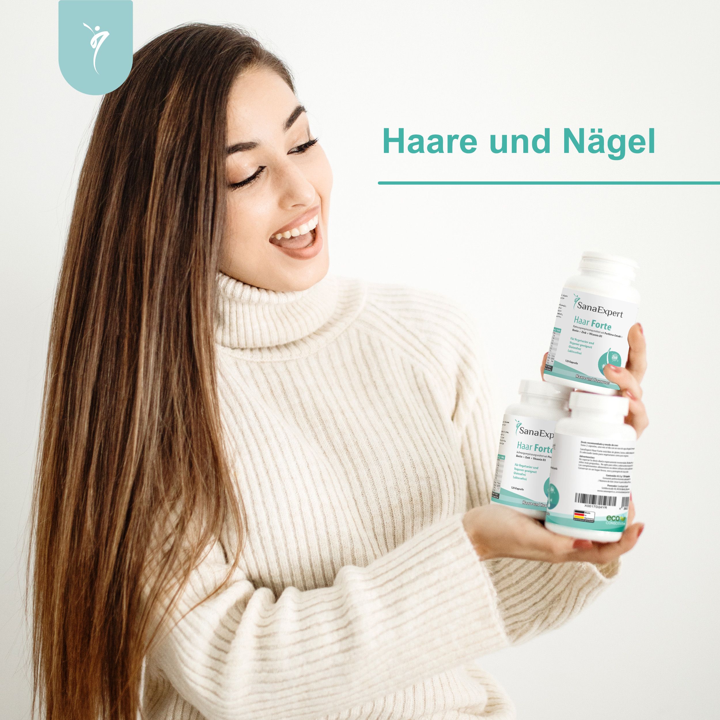 Donna con capelli lunghi tiene tre flaconi di capsule SanaExpert Haar Forte.