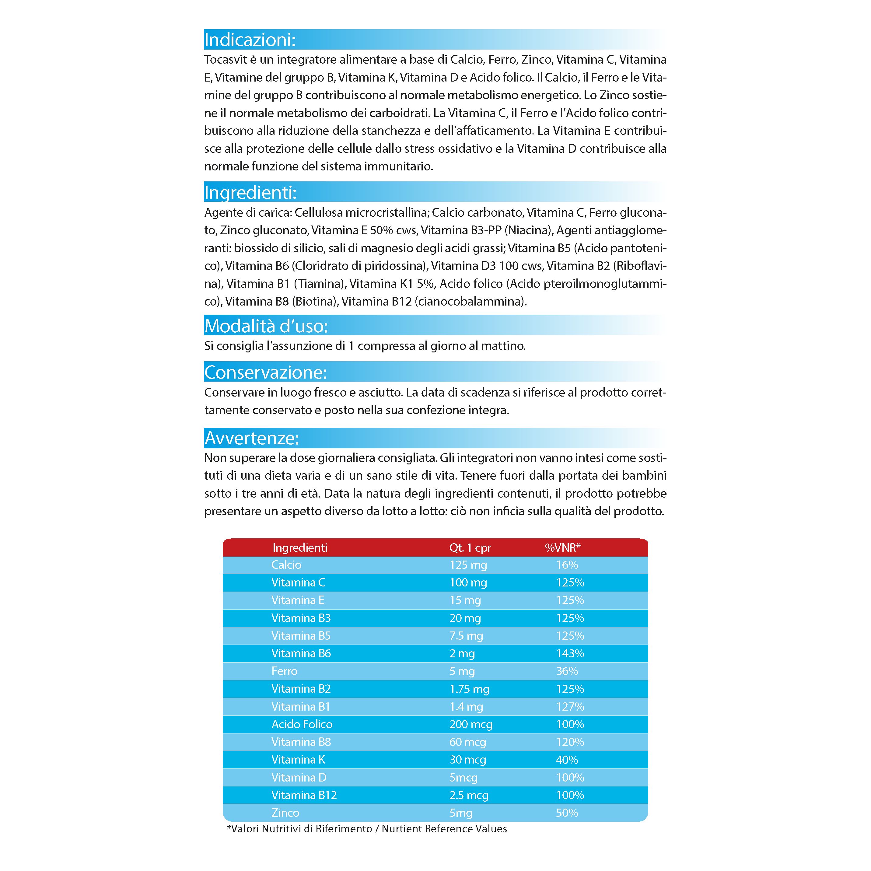Pagina di testo con ingredienti e tabella nutrizionale per Tocasvit Multivitaminico. Contiene vitamine e minerali. In italiano.