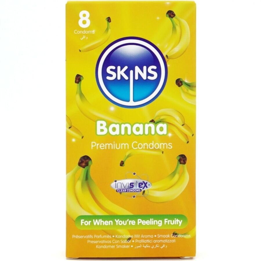 Confezione da 8 preservativi Skins Banana Premium. Scatola gialla con motivo a banana.
