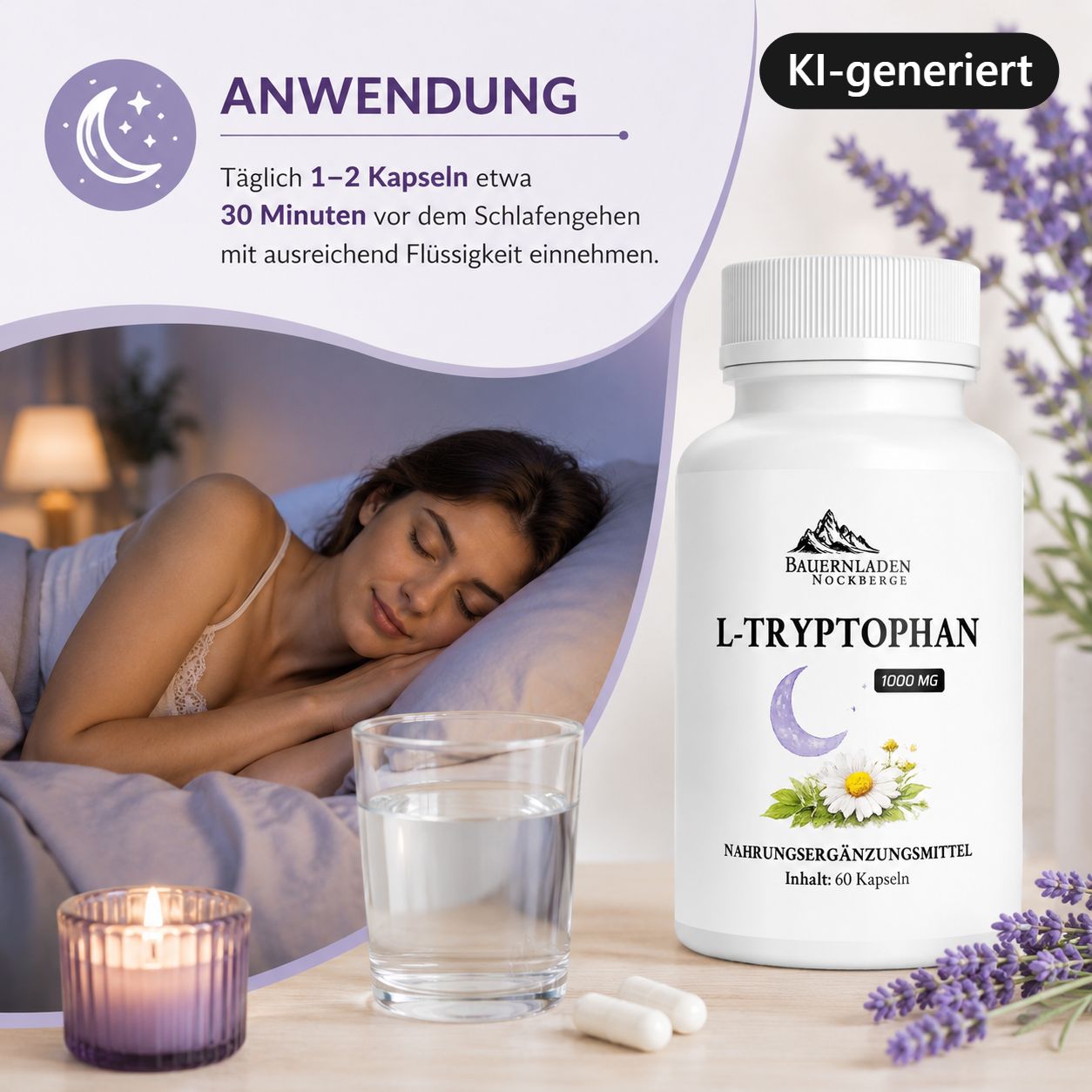 Capsule L-Triptofano 1000 mg, 60 pezzi. Istruzioni per l'uso e donna che dorme sullo sfondo. Con un bicchiere d'acqua.
