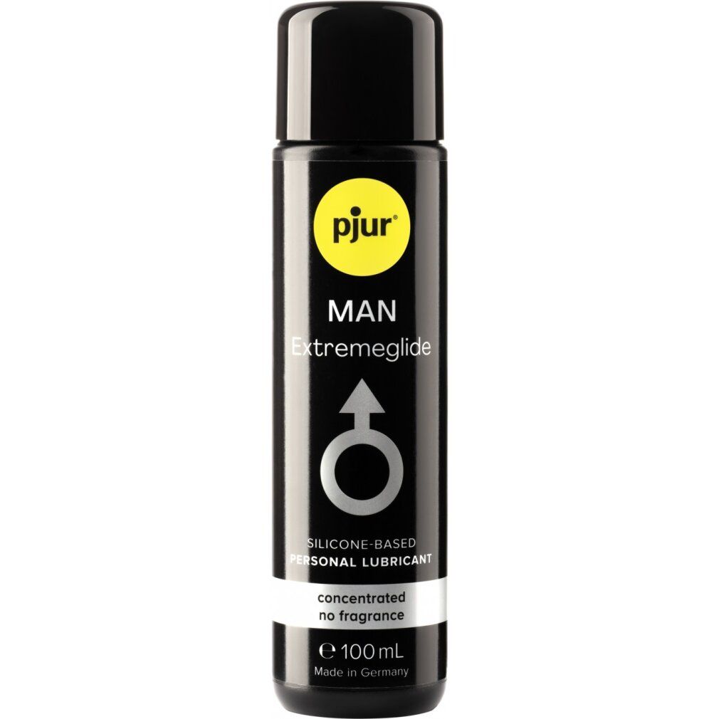 Flacone nero con logo pjur giallo e scritta MAN Extreme Glide. Contiene un simbolo maschile e testo.