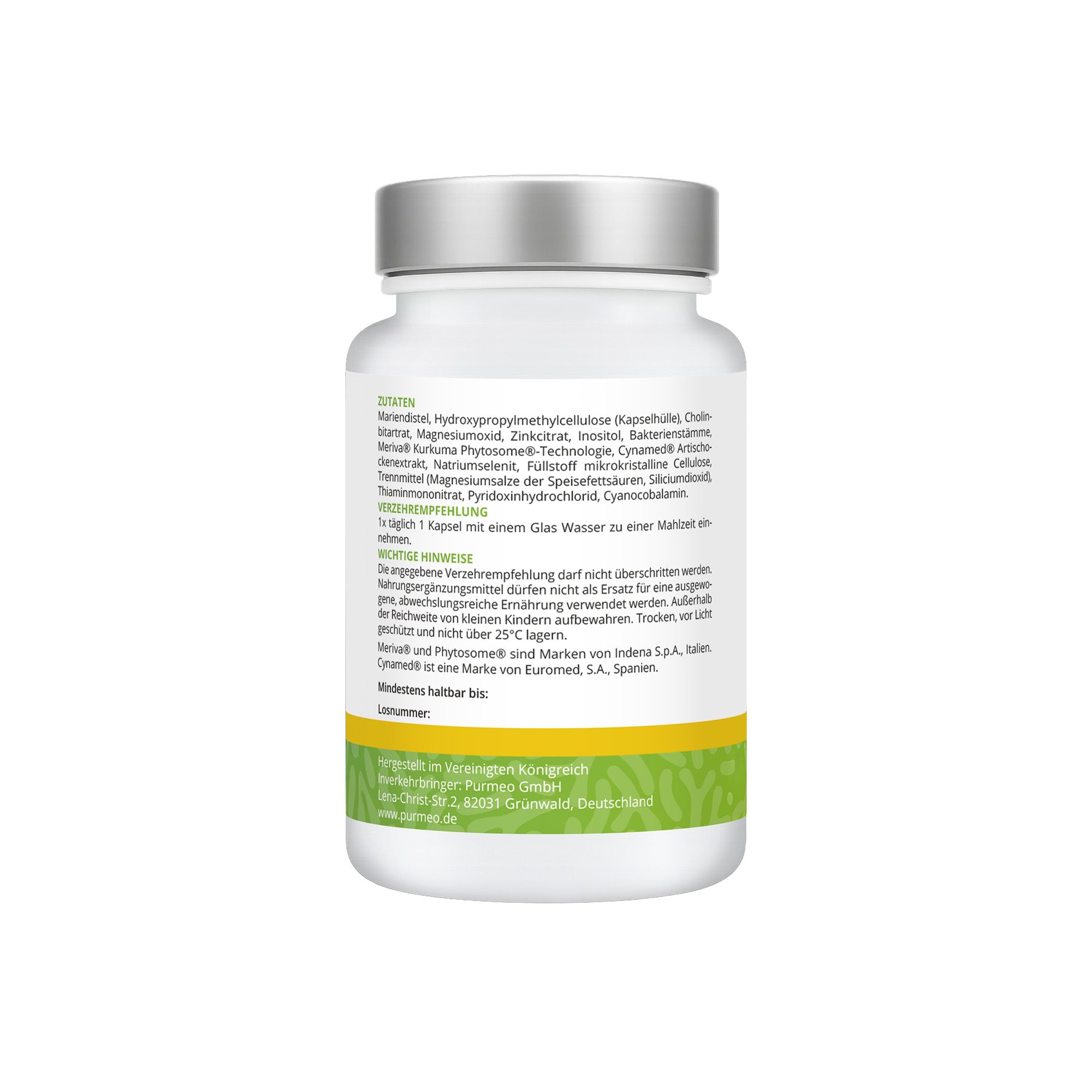 Flacone di pillole bianco con coperchio argentato. Etichetta gialla con testo. Ingredienti e istruzioni sul retro.