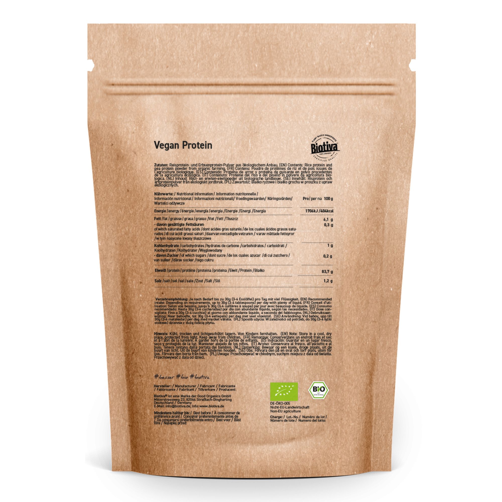 Retro della confezione di polvere proteica vegana Biotiva. Contiene informazioni nutrizionali, elenco ingredienti e certificazione biologica.